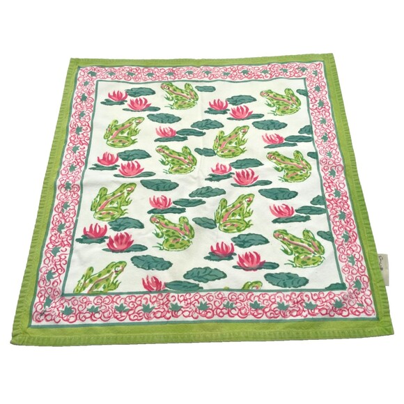 Pomegranate Cotton Napkins Set of 4 Pink & Green Frogs Lily Pads Whimsical - Picture 1 of 11